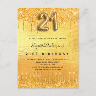 21st birthday party gold glitter drips invitation postcard