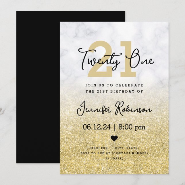 21st Birthday Party Gold Glitter Marble Invitation (Front/Back)
