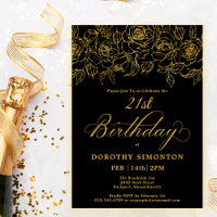 21st Birthday Party Gold Rose Floral Black