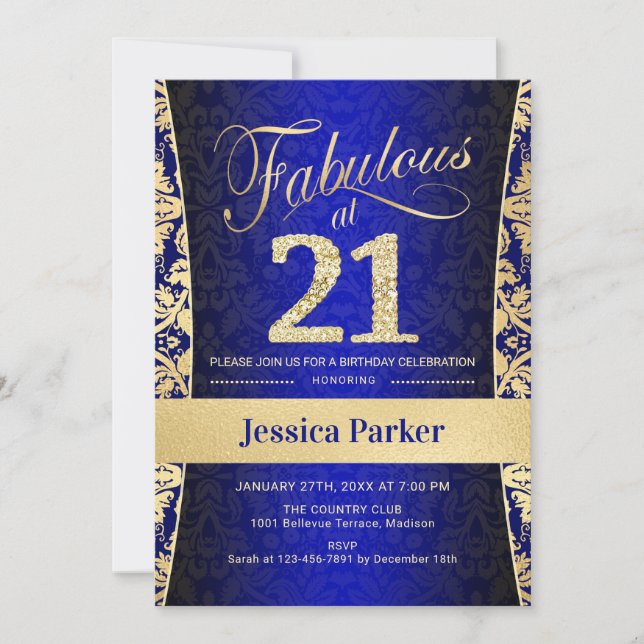 21st Birthday Party - Gold Royal Blue Invitation (Front)