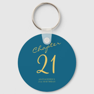 21st Birthday Party Gold Script Blue  Key Ring