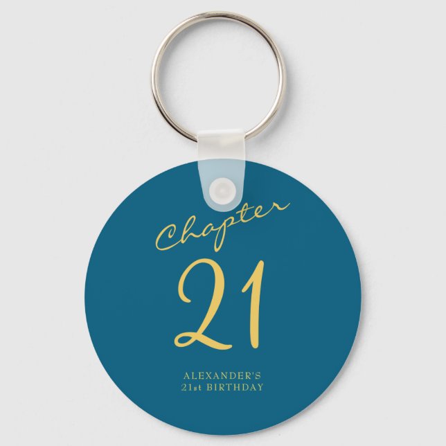 21st Birthday Party Gold Script Blue  Key Ring (Front)