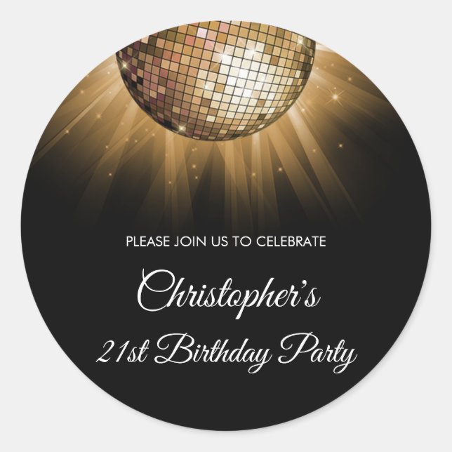 21st Birthday Party Gold Sparkle Disco Ball Classic Round Sticker (Front)