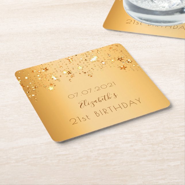 21st birthday party gold stars name square paper coaster (Angled)