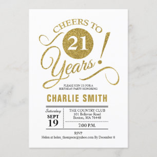 21st Birthday Party - Gold White Invitation