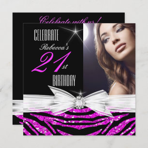 21st Birthday Party Hot Pink 21 Zebra Photo 3 Invitation