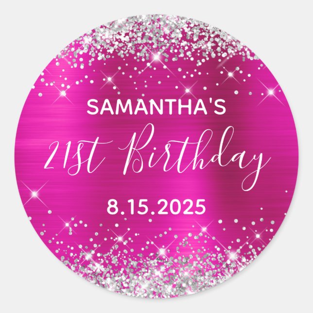 21st Birthday Party Hot Pink and Silver Glitter Classic Round Sticker (Front)