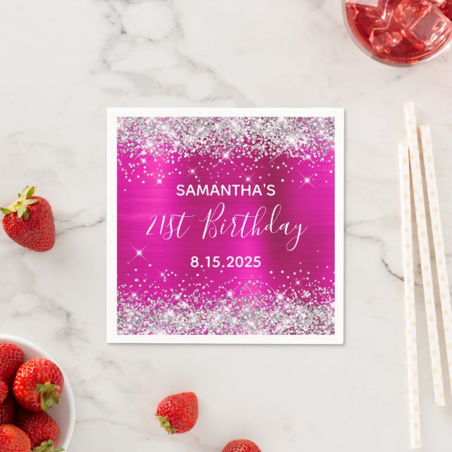 21st Birthday Party Hot Pink and Silver Glitter Napkin (Insitu)