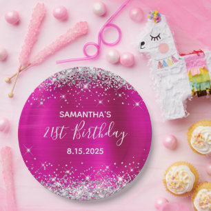 21st Birthday Party Hot Pink and Silver Glitter Paper Plate