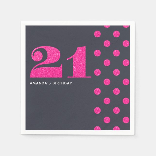 21st Birthday Party Hot-Pink glitter personalised Napkin (Front)