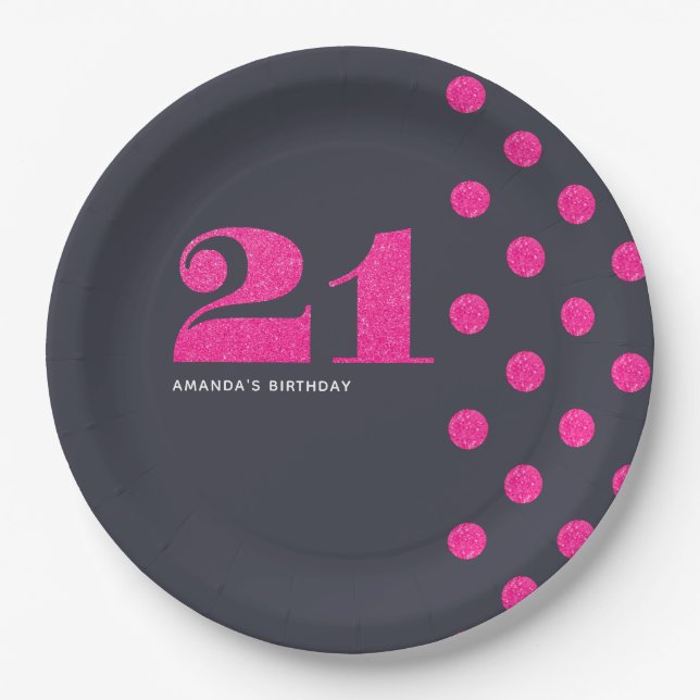 21st Birthday Party Hot-Pink glitter personalised Paper Plate (Front)