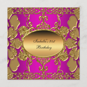 21st Birthday Party Hot Pink Gold Flourish Gold Invitation