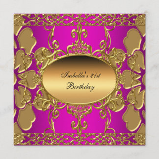 21st Birthday Party Hot Pink Gold Flourish Gold Invitation