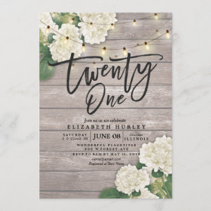 21st Birthday Party Hydrangea Flowers Lights Wood Invitation