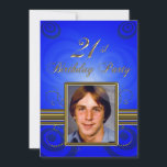 21st Birthday party Invitation<br><div class="desc">An elegant party invitation for a man with a golden frame for his photo. Add a picture of the birthday to to personalise this card.</div>