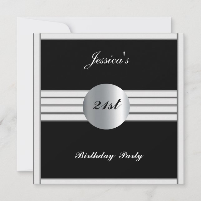 21st  Birthday Party Invitation Black Silver (Front)