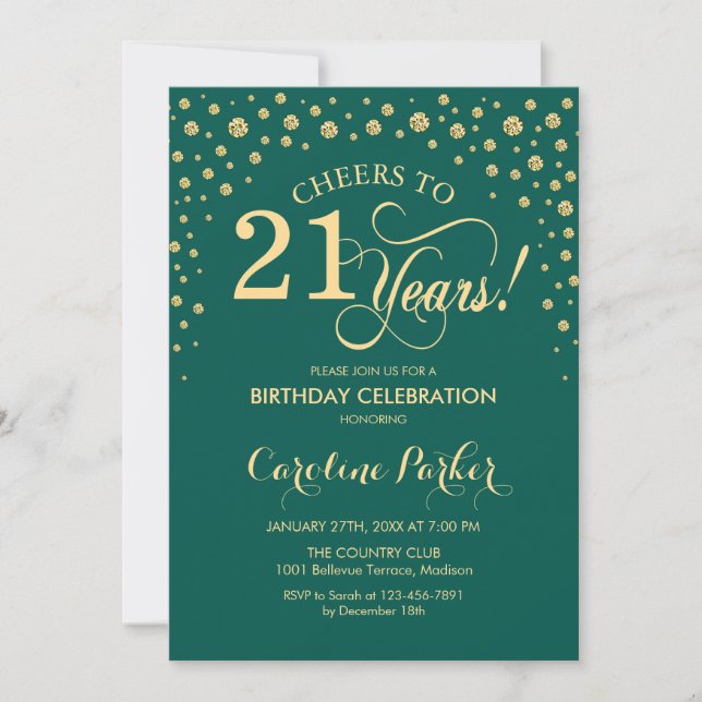 21st Birthday Party Invitation - Gold Green (Front)