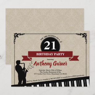 21st birthday party invitation Jazz music theme