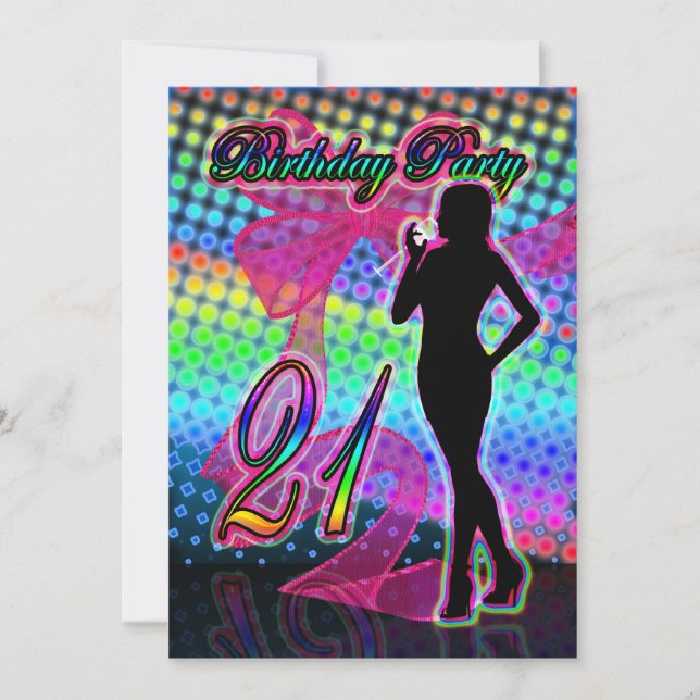 21st Birthday Party Invitation, Neon With Female S Invitation (Front)