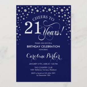 21st Birthday Party Invitation - Silver Navy Blue