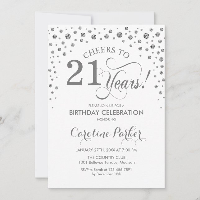 21st Birthday Party Invitation - Silver White (Front)