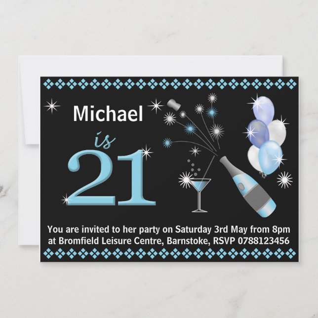 21st Birthday Party Invitations - Black & Blue (Front)