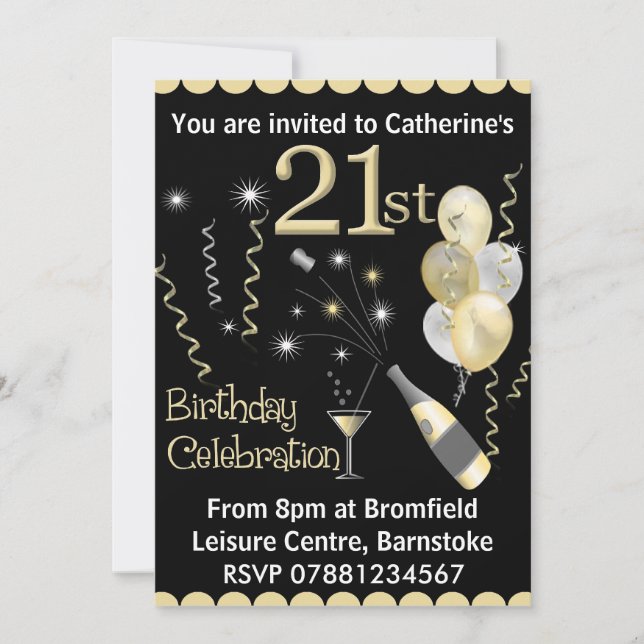 21st Birthday Party Invitations - Black & Gold (Front)