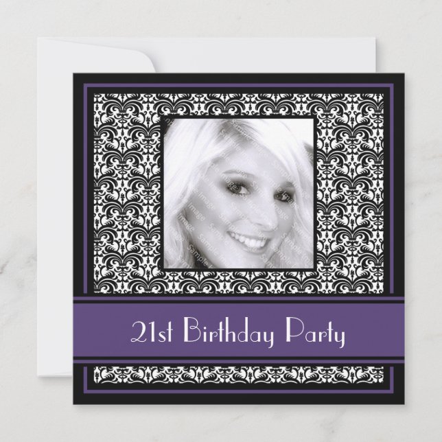 21st Birthday Party Invitations Damask Purple (Front)