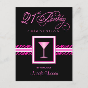 21st Birthday Party Invitations - Hot Pink Zebra