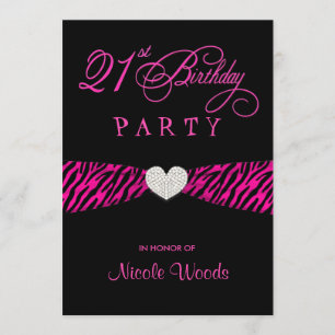 21st Birthday Party Invitations - Hot Pink Zebra