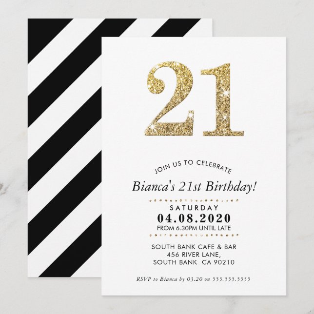 21ST BIRTHDAY PARTY INVITE modern gold glitter (Front/Back)