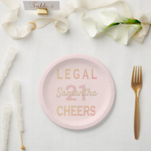 21st birthday party legal cheers rose gold pink paper plate