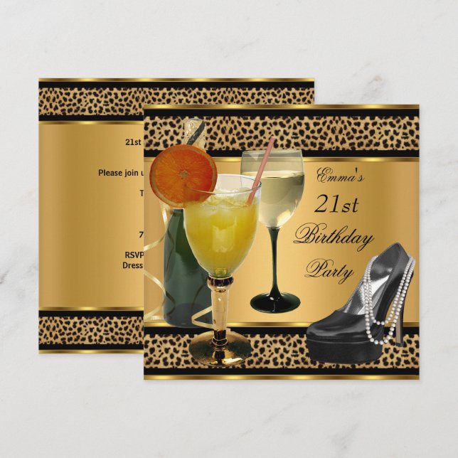 21st Birthday Party Leopard Drinks Shoe Invitation (Front/Back)