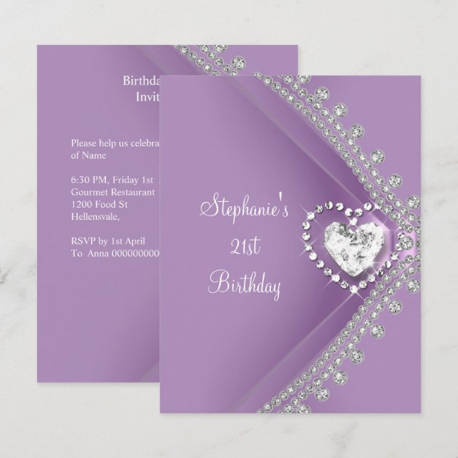 21st Birthday Party Lilac Heart Diamond Jewel Invitation (Front/Back)
