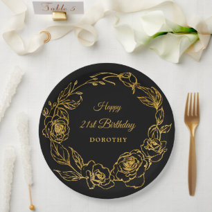 21st Birthday Party Luxe Gold Rose Floral Black Paper Plate