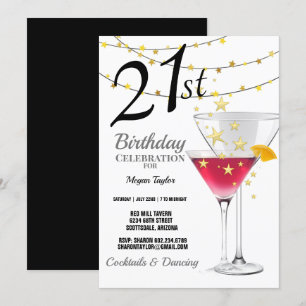 21st Birthday Party, Martini Glasses Gold Glitter Invitation