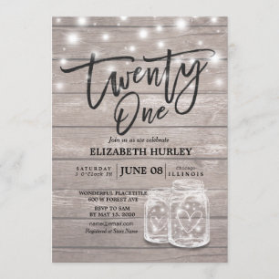 21st Birthday Party Mason Jars String Lights Wood Invitation