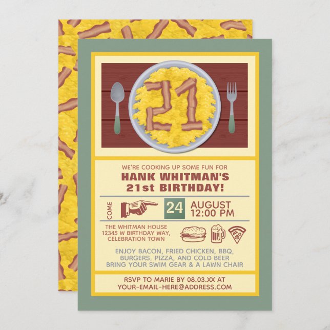 21st Birthday Party Mens Funny Bacon Eggs Theme Invitation (Front/Back)