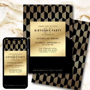 21st Birthday Party Modern Black and Gold Foil Invitation
