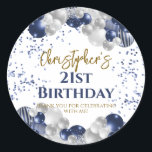 21st Birthday Party Navy Balloons Classic Round Sticker<br><div class="desc">A gorgeous 21st birthday party or celebration favour sticker. This fabulous navy blue and silver balloons design is the perfect  way to decorate your favour bags for an 21st celebration or twenty-first birthday party.</div>