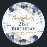 21st Birthday Party Navy Balloons Classic Round Sticker<br><div class="desc">A gorgeous 21st birthday party or celebration favour sticker. This fabulous navy blue and silver balloons design is the perfect  way to decorate your favour bags for an 21st celebration or twenty-first birthday party.</div>