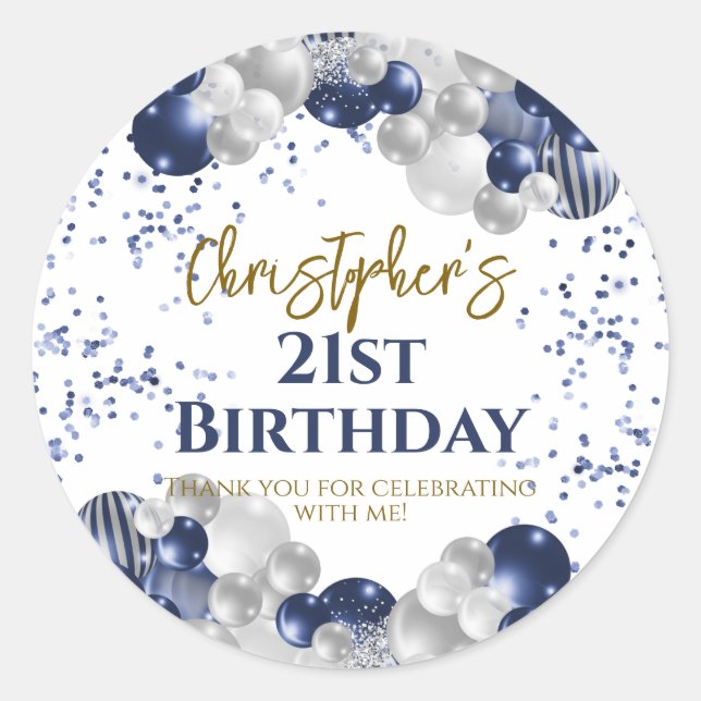 21st Birthday Party Navy Balloons Classic Round Sticker (Front)