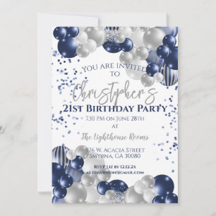 21st Birthday Party Navy Balloons Invitation