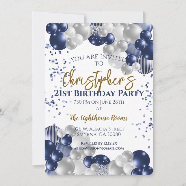 21st Birthday Party Navy Balloons Invitation (Front)