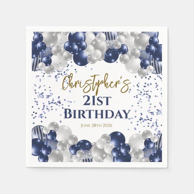 21st Birthday Party Navy Balloons Napkin (Front)