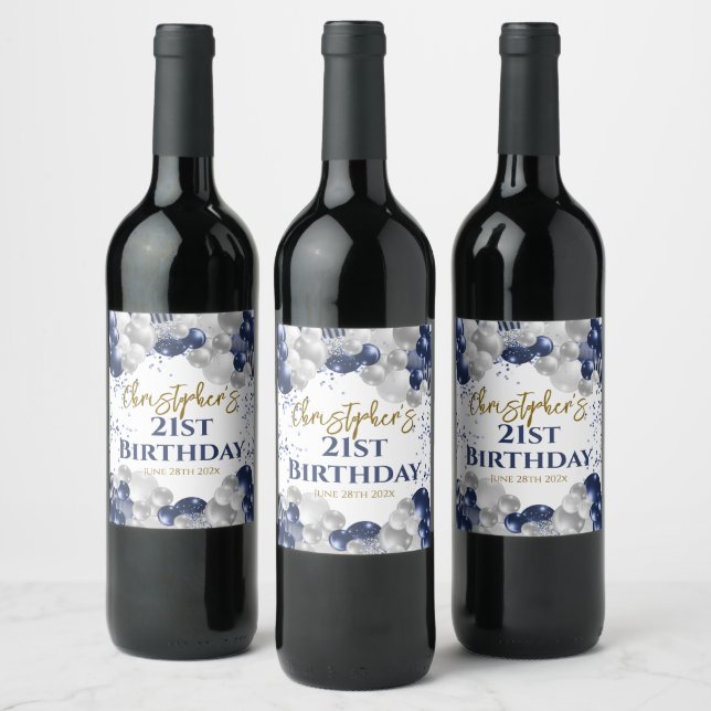 21st Birthday Party Navy Balloons Wine Label (Bottles)