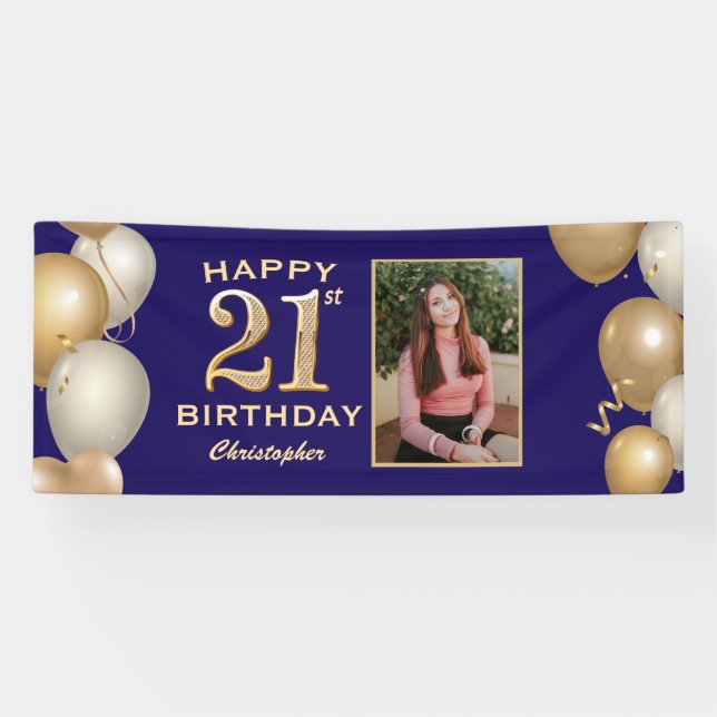 21st Birthday Party Navy Blue and Gold Balloons Banner (Horizontal)