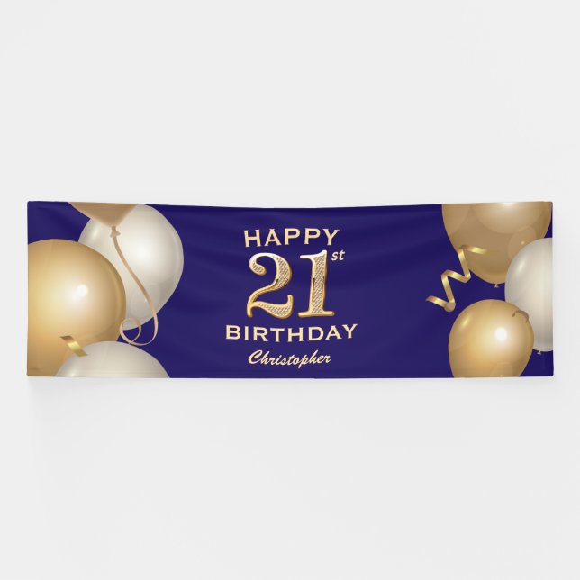 21st Birthday Party Navy Blue and Gold Balloons Banner (Horizontal)