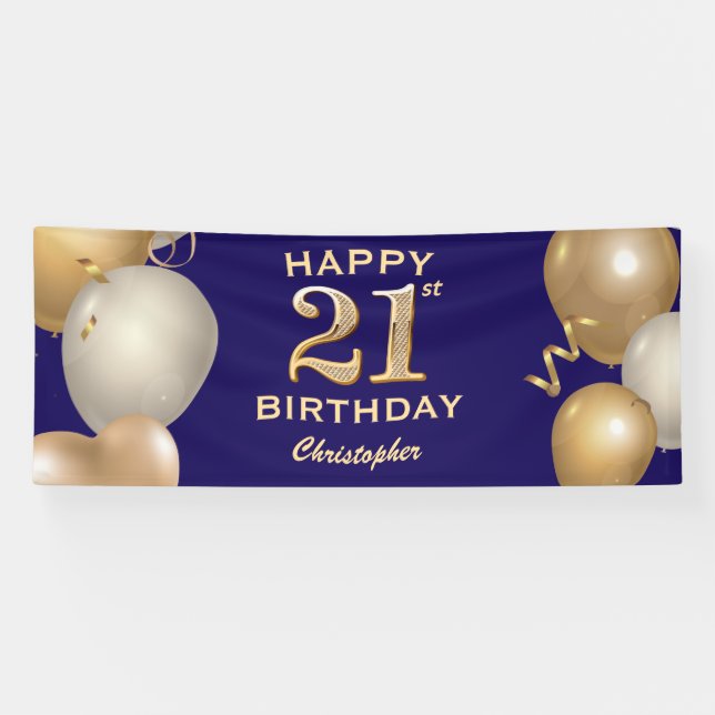 21st Birthday Party Navy Blue and Gold Balloons Banner (Horizontal)