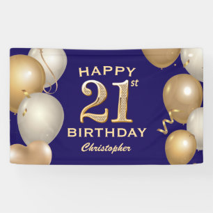 21st Birthday Party Navy Blue and Gold Balloons Banner